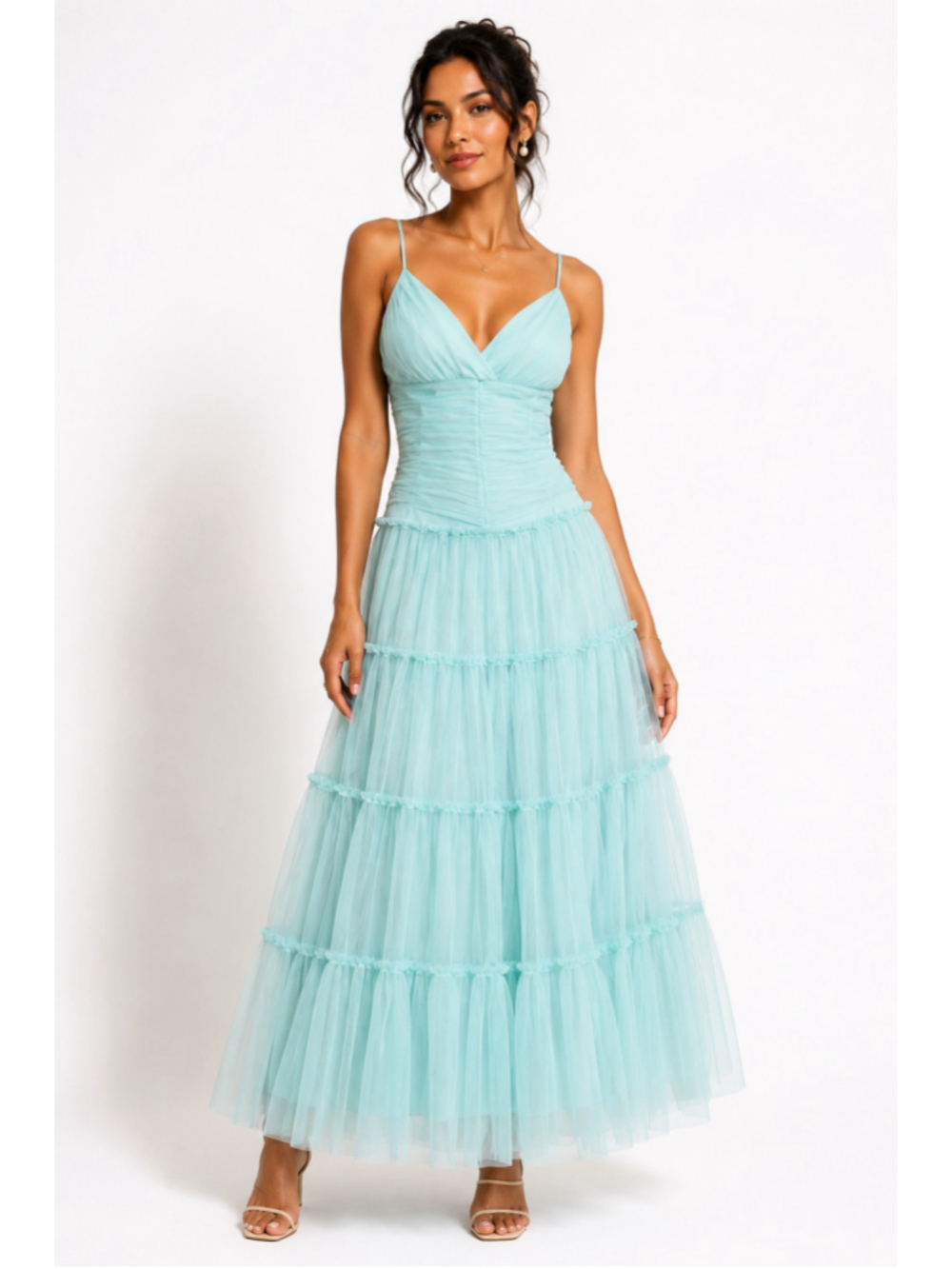 Jessica McClintock x Gunne Sax Aqua Tiered Tulle Maxi Dress Balletcore Fairycore